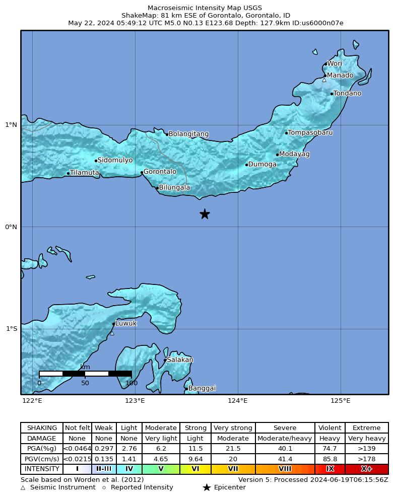 USGS ShakeMap intensity contours for the M5.0 earthquake near 81 km ESE of Gorontalo, Indonesia