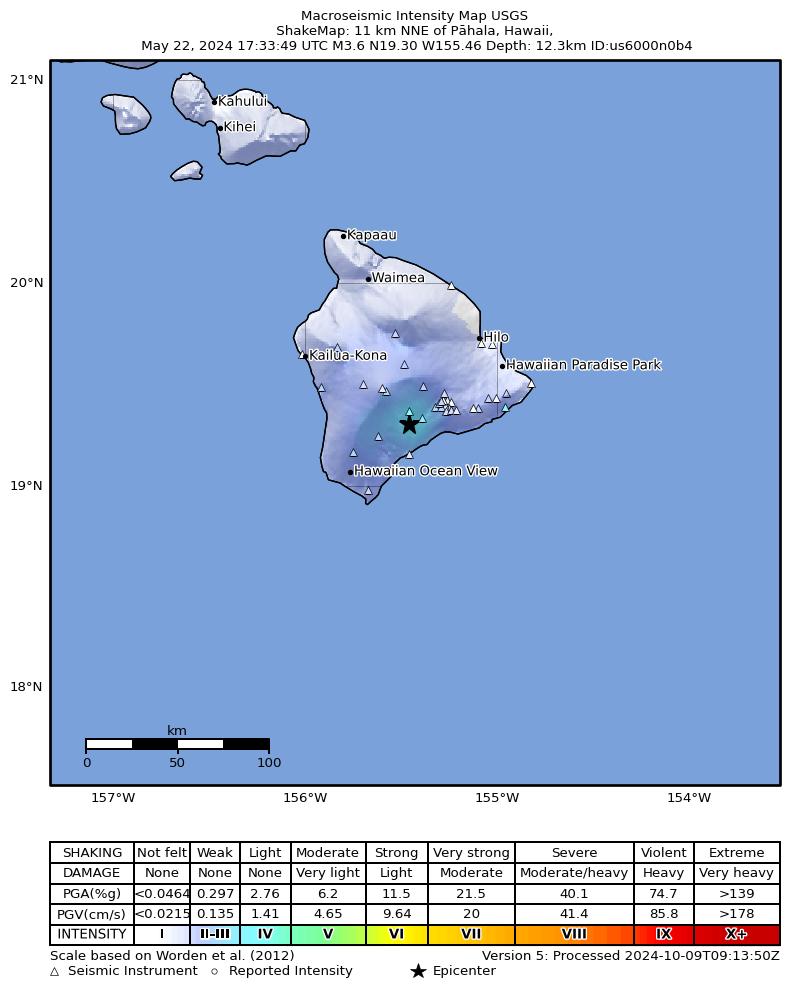 USGS ShakeMap intensity contours for the M3.4 earthquake near 10 km NNE of Pāhala, Hawaii