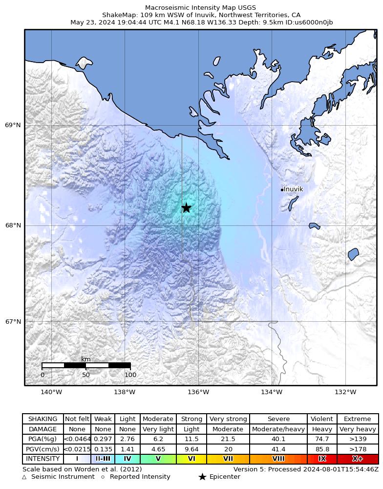 USGS ShakeMap intensity contours for the M4.1 earthquake near 109 km WSW of Inuvik, Canada
