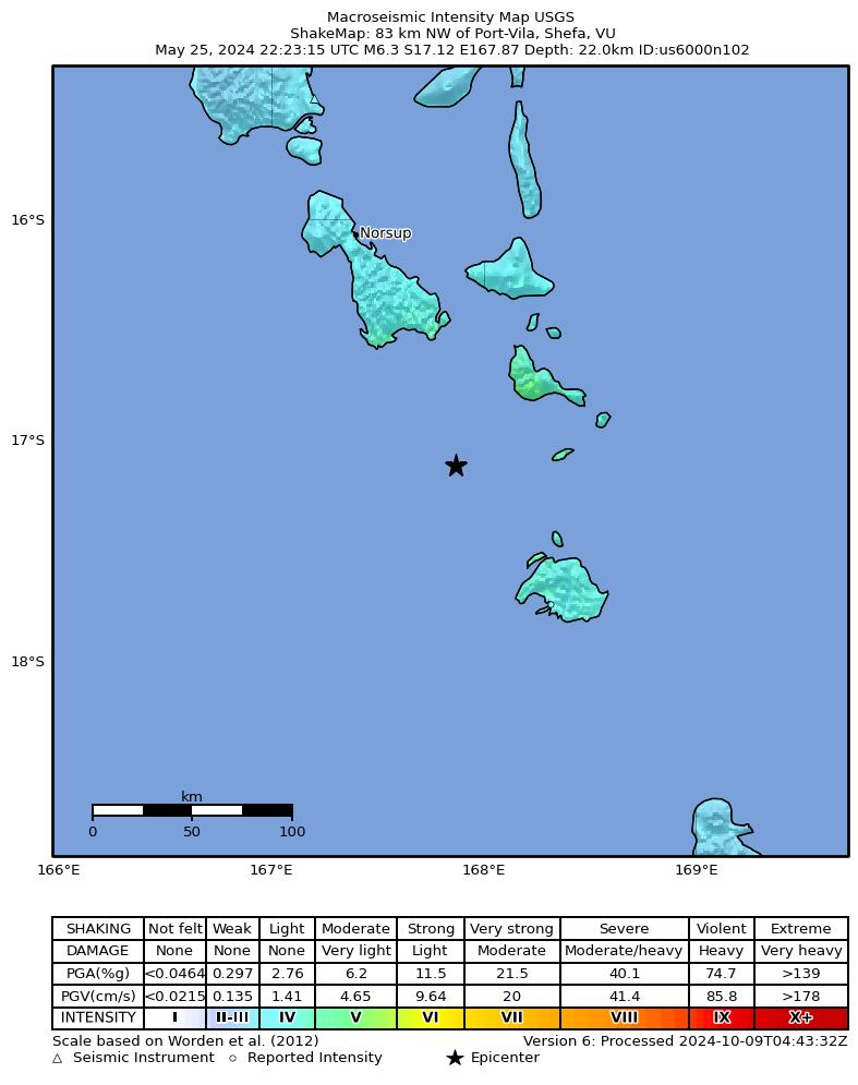 USGS ShakeMap intensity contours for the M6.3 earthquake near 83 km NW of Port-Vila, Vanuatu