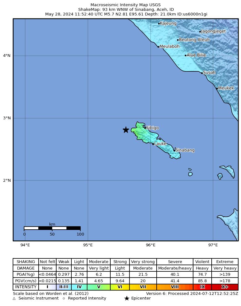 USGS ShakeMap intensity contours for the M5.7 earthquake near 93 km WNW of Sinabang, Indonesia