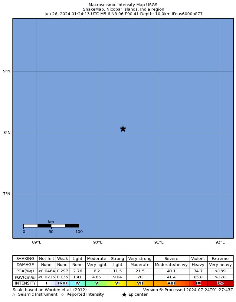 USGS ShakeMap intensity contours for the M5.6 earthquake near Nicobar Islands, India region