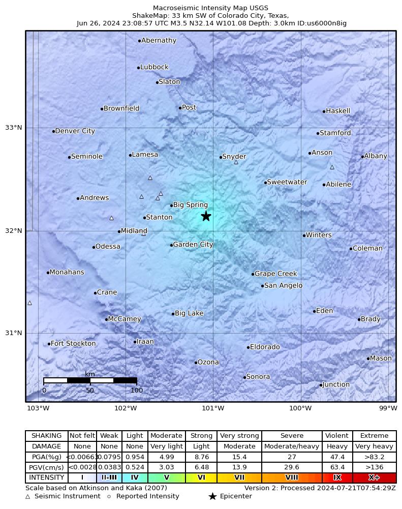USGS ShakeMap intensity contours for the M3.3 earthquake near 24 km SSW of Westbrook, Texas