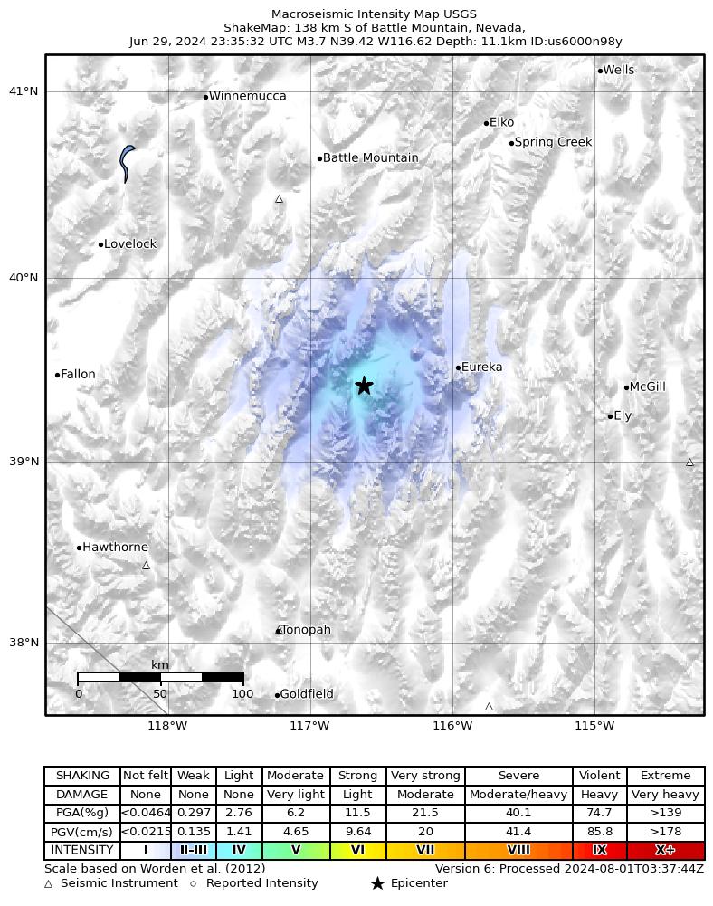 USGS ShakeMap intensity contours for the M4.1 earthquake near 35 km ESE of Austin, Nevada