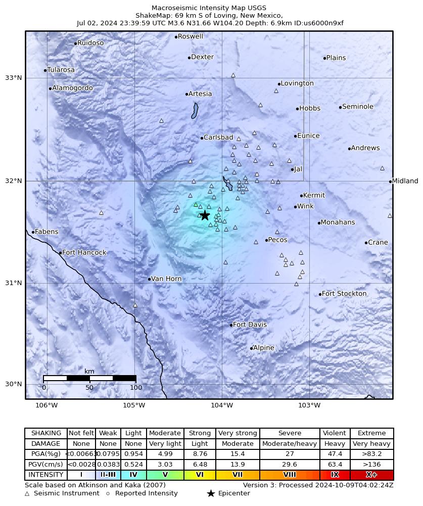 USGS ShakeMap intensity contours for the M3.7 earthquake near 54 km NW of Toyah, Texas
