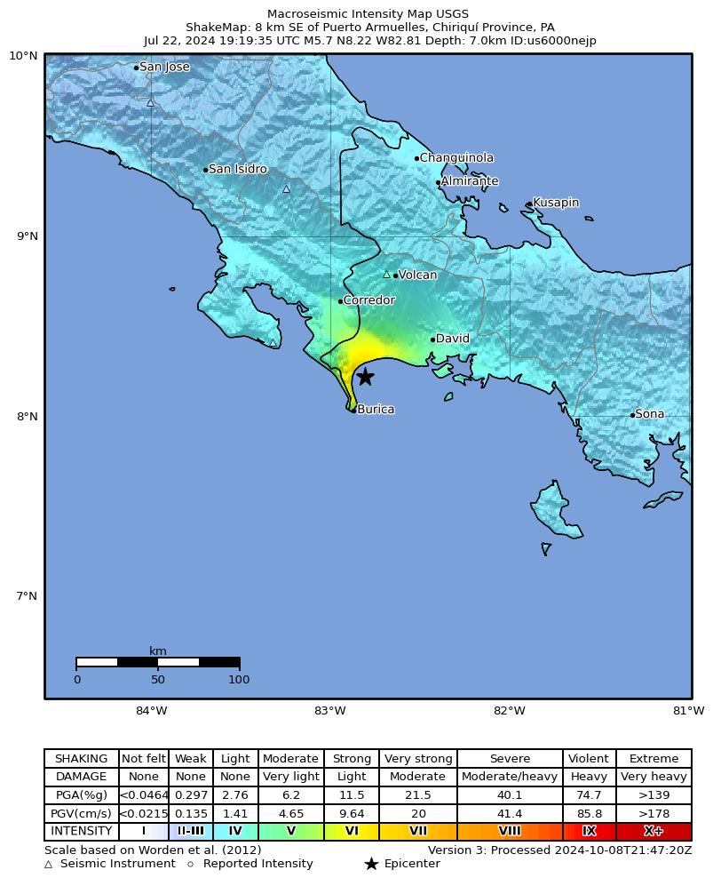 USGS ShakeMap intensity contours for the M5.7 earthquake near 8 km SE of Puerto Armuelles, Panama