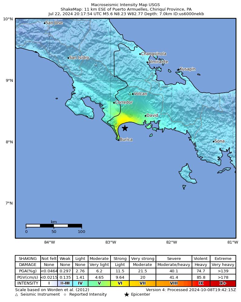 USGS ShakeMap intensity contours for the M5.6 earthquake near 11 km ESE of Puerto Armuelles, Panama