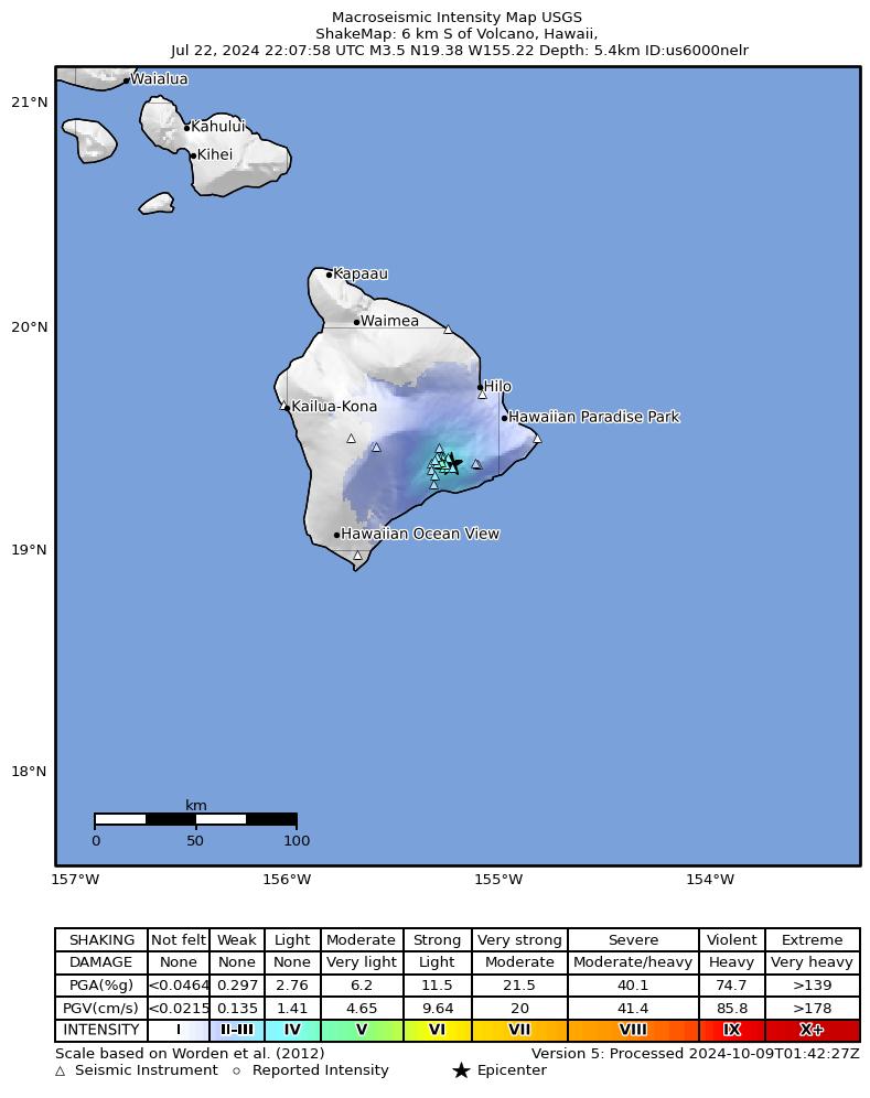 USGS ShakeMap intensity contours for the M3.5 earthquake near 6 km S of Volcano, Hawaii