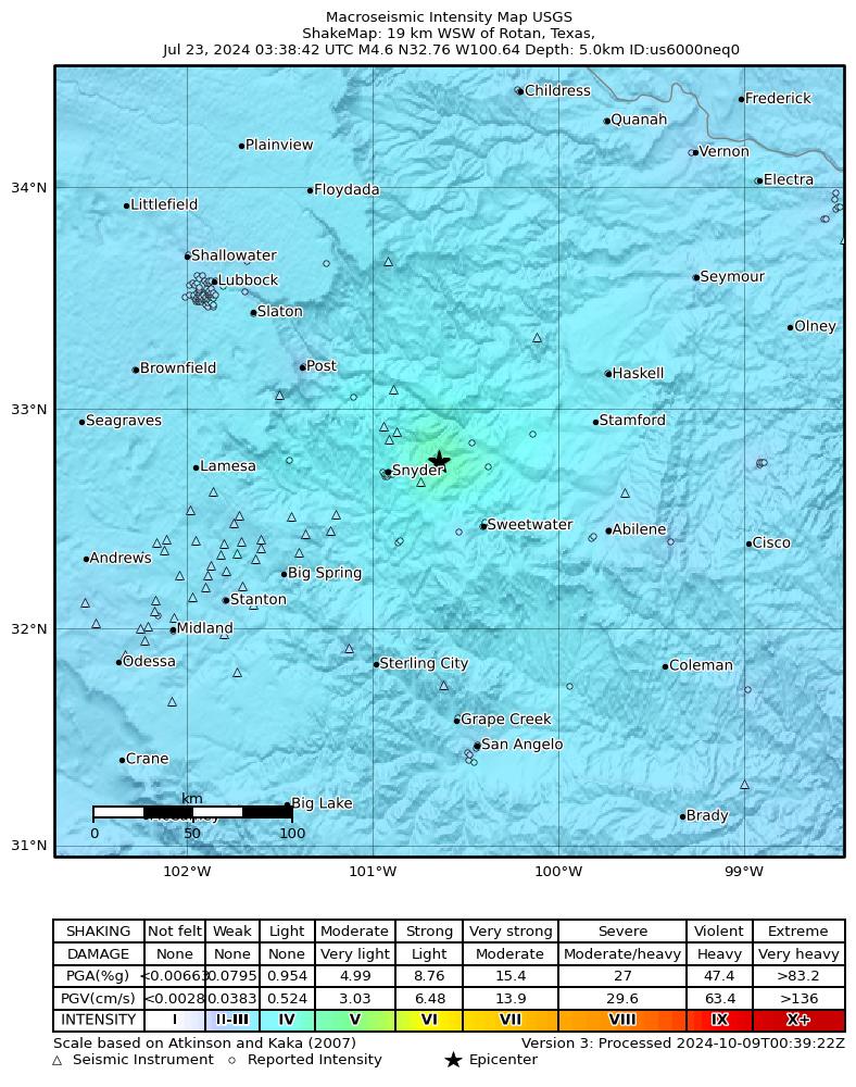 USGS ShakeMap intensity contours for the M4.9 earthquake near 17 km NNE of Hermleigh, Texas