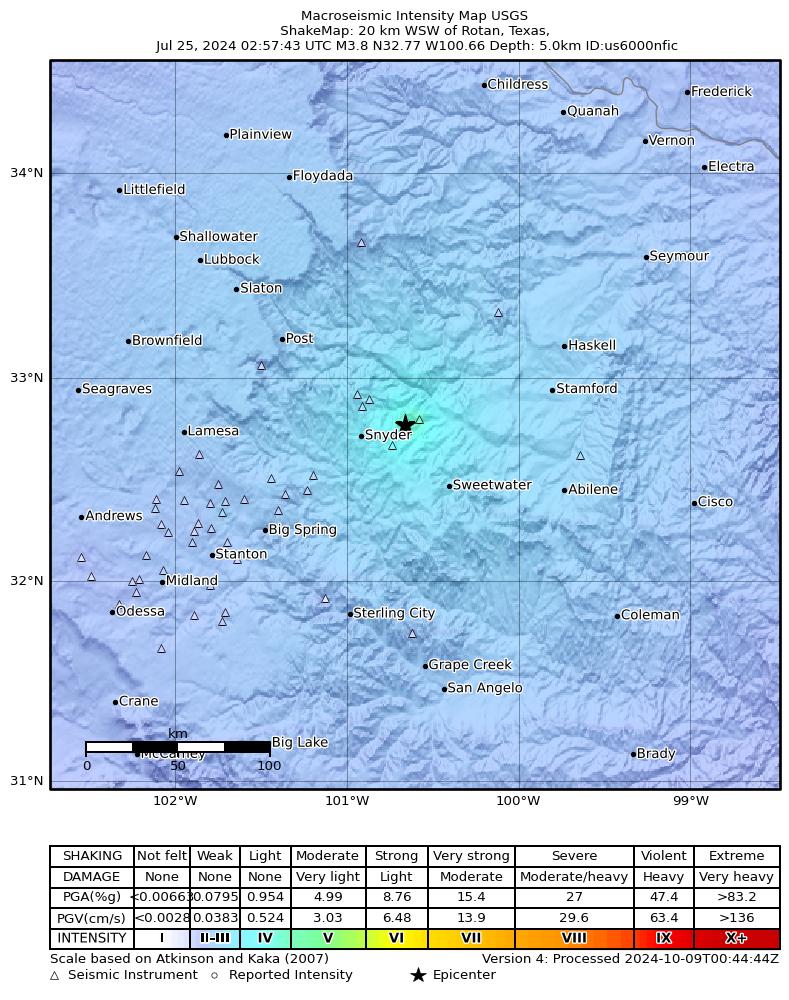USGS ShakeMap: estimated shaking intensity around the epicenter