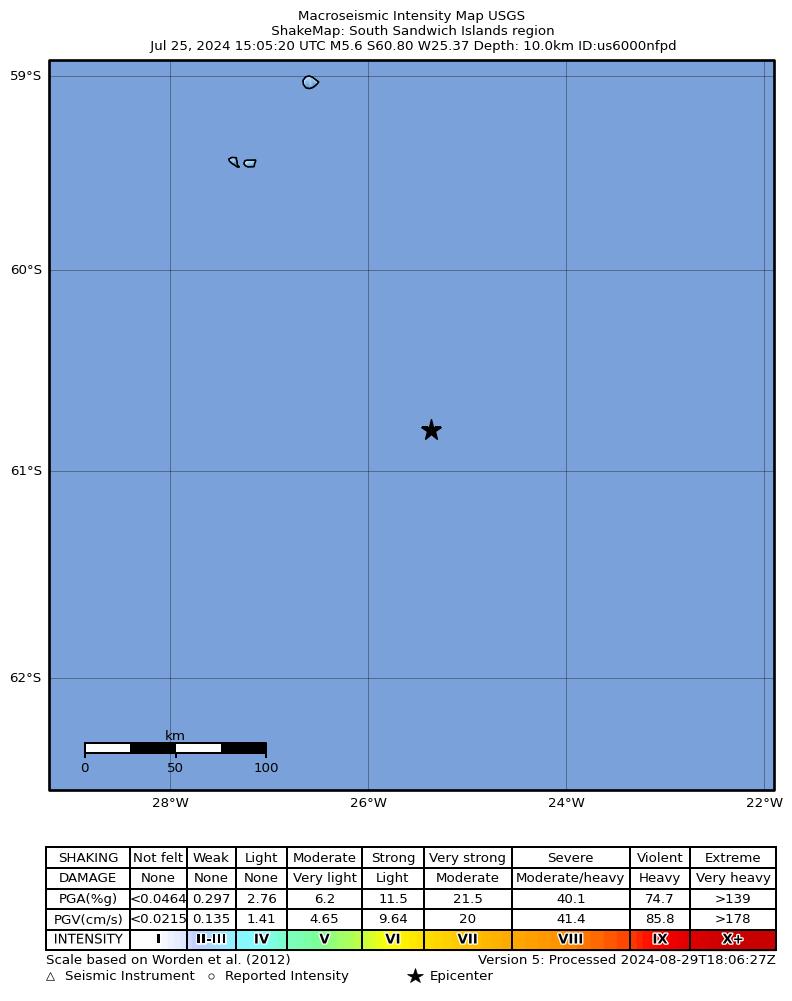 USGS ShakeMap intensity contours for the M5.6 earthquake near South Sandwich Islands region