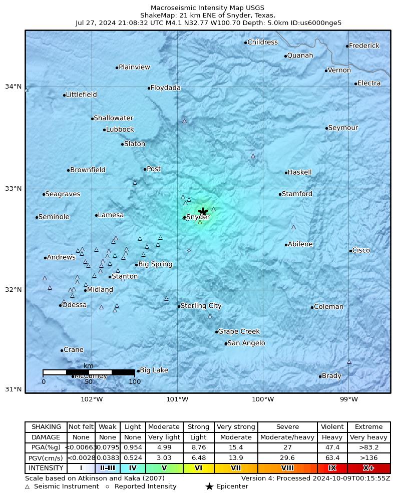USGS ShakeMap intensity contours for the M4.5 earthquake near 13 km NNE of Hermleigh, Texas