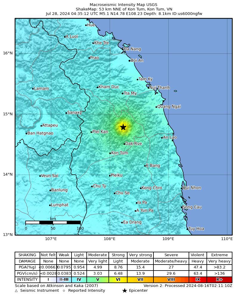 USGS ShakeMap intensity contours for the M5.1 earthquake near 53 km NNE of Kon Tum, Vietnam