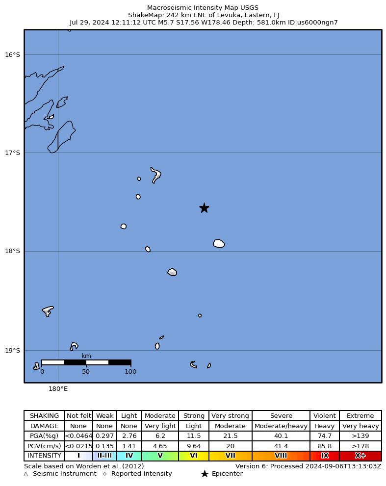 USGS ShakeMap intensity contours for the M5.7 earthquake near 242 km ENE of Levuka, Fiji