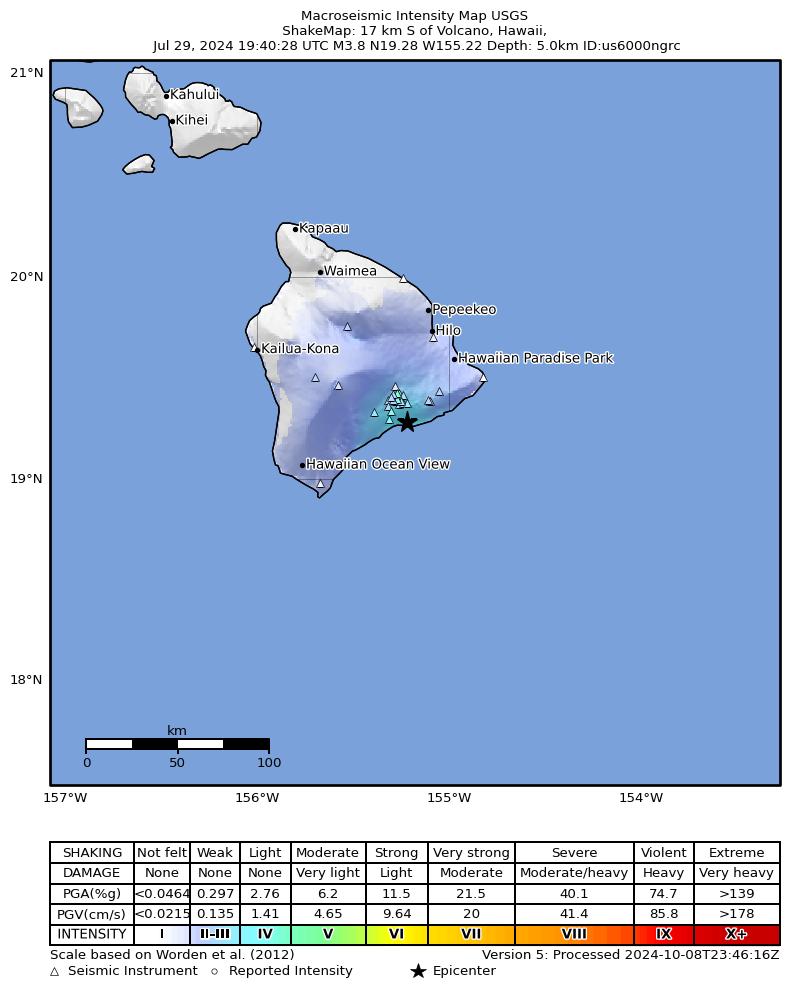 USGS ShakeMap intensity contours for the M3.7 earthquake near 15 km S of Volcano, Hawaii