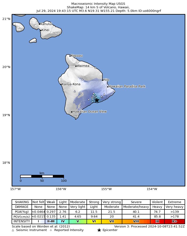 USGS ShakeMap intensity contours for the M3.4 earthquake near 15 km S of Volcano, Hawaii