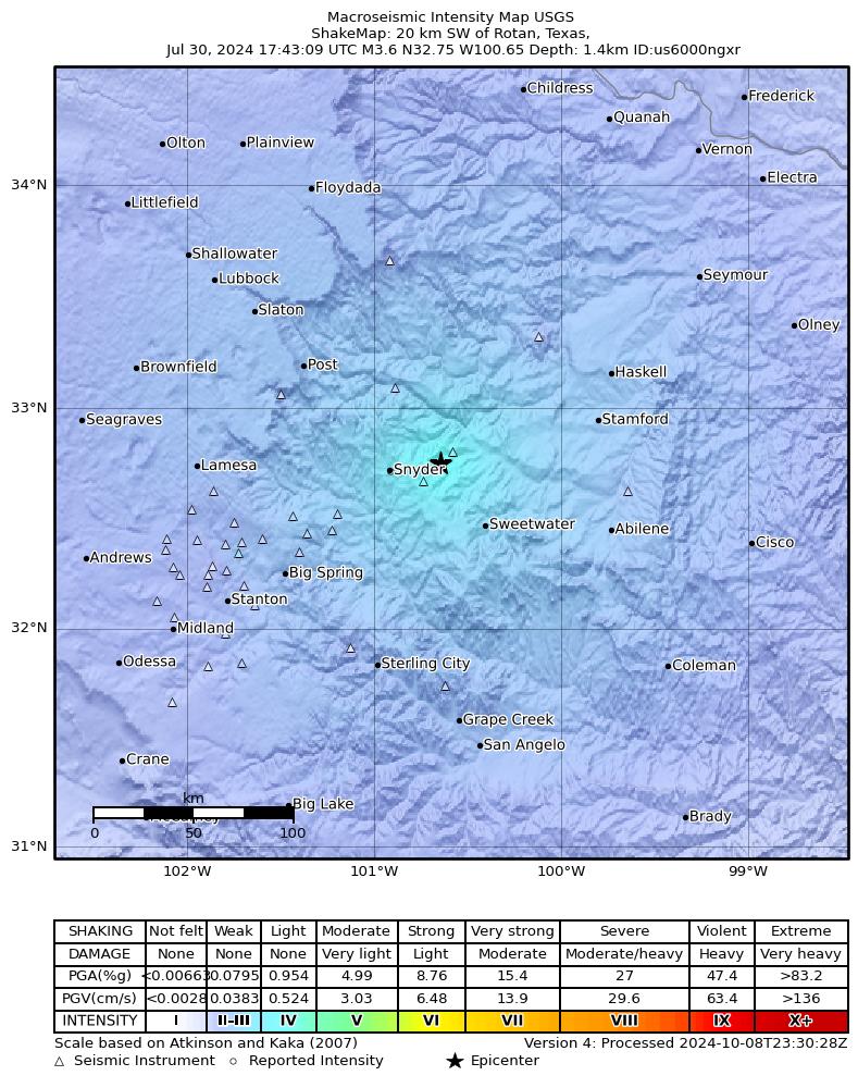 USGS ShakeMap intensity contours for the M3.8 earthquake near 15 km NE of Hermleigh, Texas