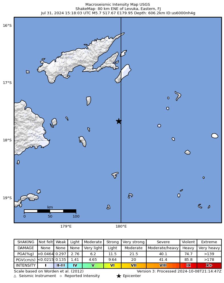 USGS ShakeMap intensity contours for the M5.7 earthquake near 80 km ENE of Levuka, Fiji