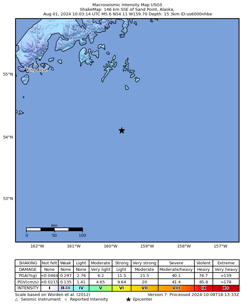 USGS ShakeMap intensity contours for the M5.6 earthquake near 146 km SSE of Sand Point, Alaska