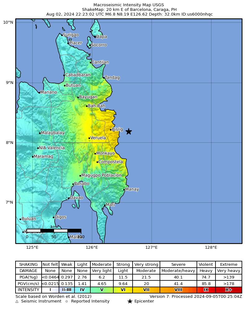 USGS ShakeMap intensity contours for the M6.8 earthquake near 20 km E of Barcelona, Philippines
