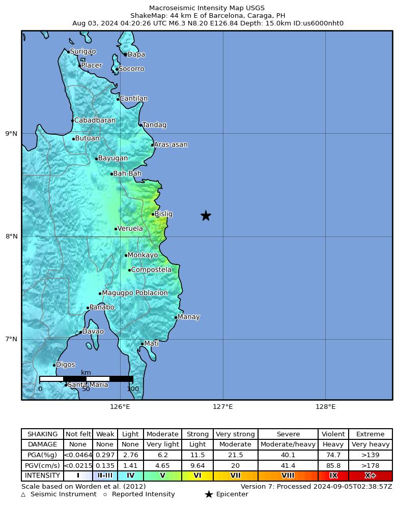 USGS ShakeMap intensity contours for the M6.3 earthquake near 44 km E of Barcelona, Philippines