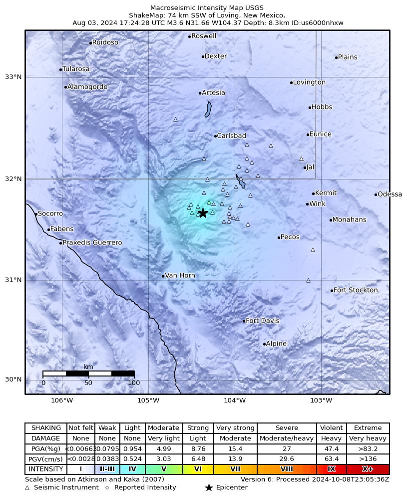 USGS ShakeMap intensity contours for the M3.4 earthquake near 56 km S of Whites City, New Mexico