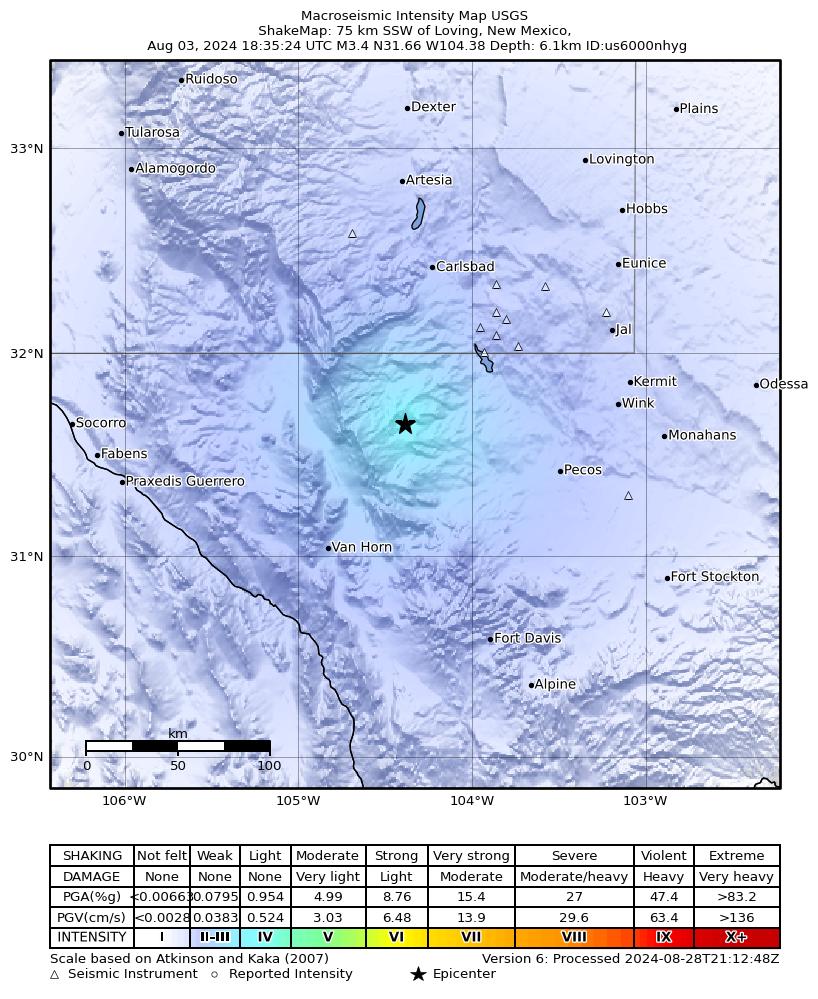USGS ShakeMap intensity contours for the M3.3 earthquake near 55 km S of Whites City, New Mexico