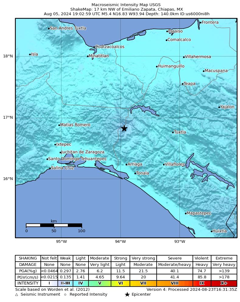 USGS ShakeMap intensity contours for the M5.4 earthquake near 17 km NW of Emiliano Zapata, Mexico