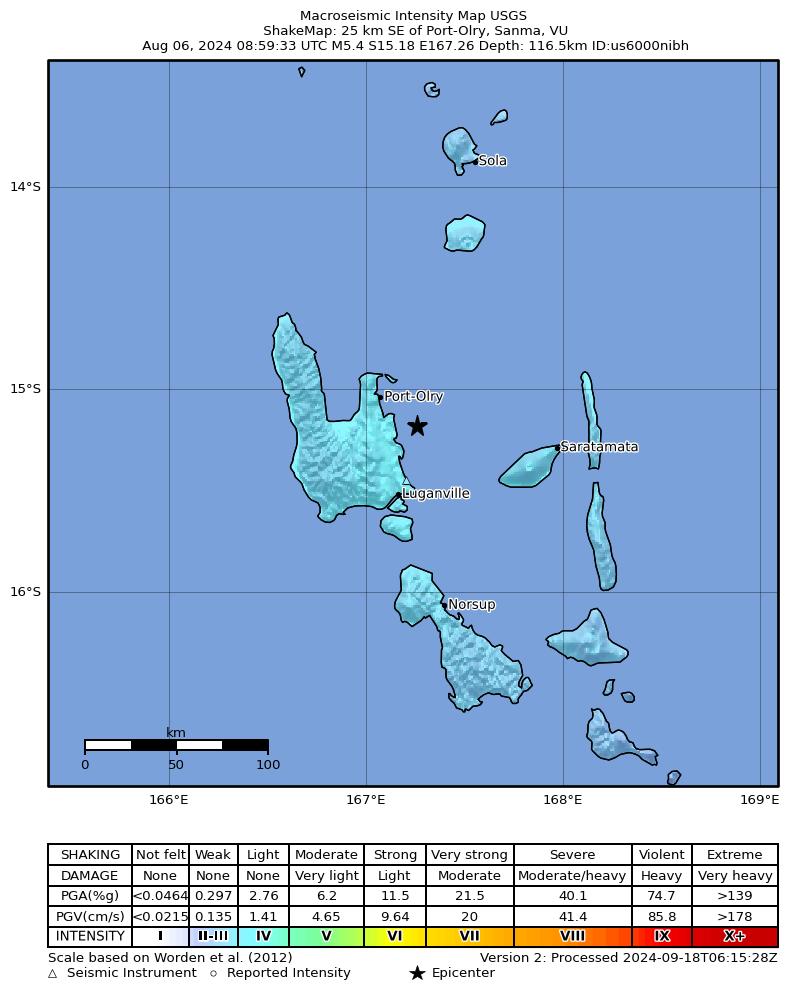 USGS ShakeMap intensity contours for the M5.4 earthquake near 25 km SE of Port-Olry, Vanuatu