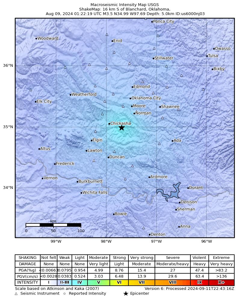 USGS ShakeMap: estimated shaking intensity around the epicenter
