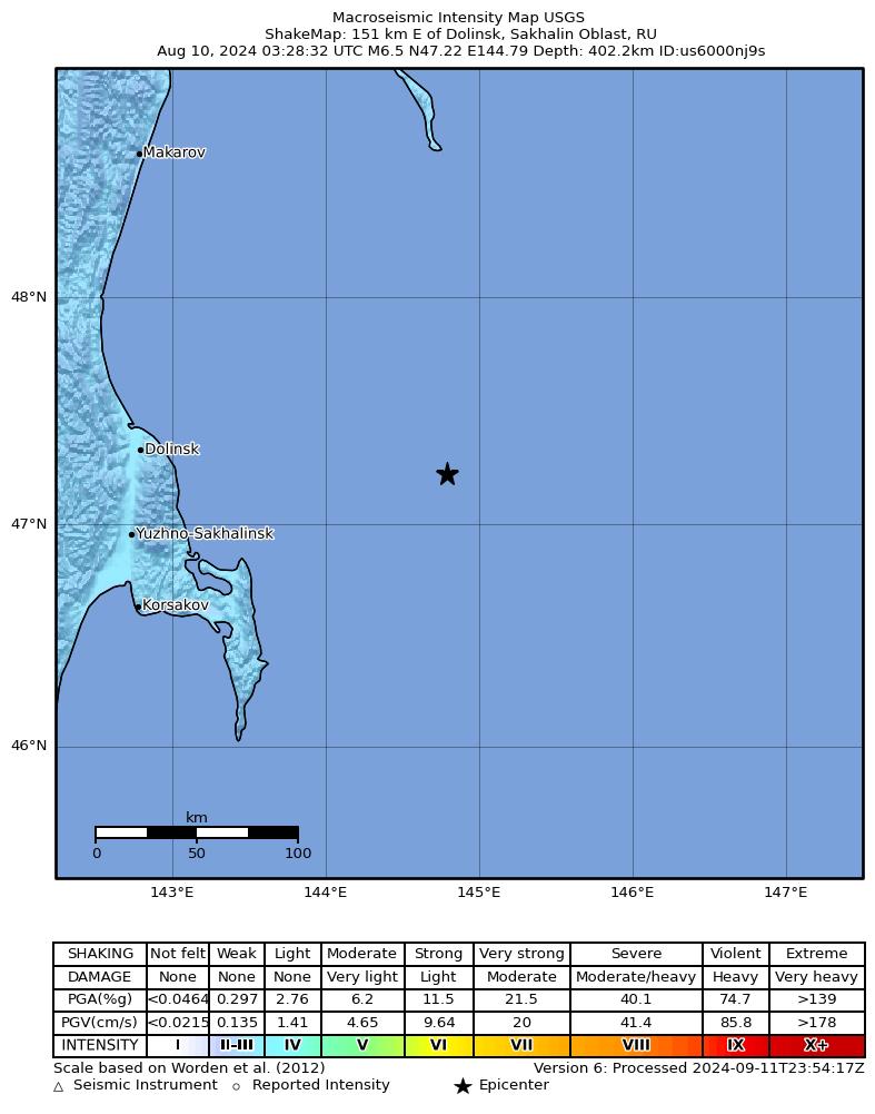 USGS ShakeMap intensity contours for the M6.5 earthquake near 151 km E of Dolinsk, Russia