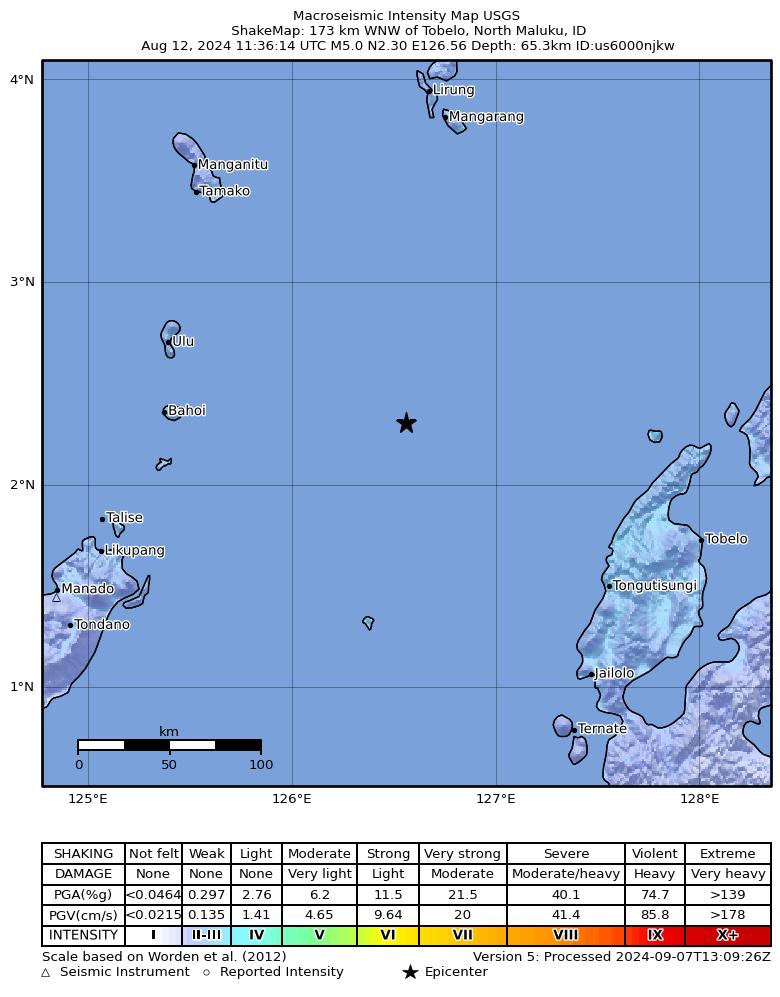 USGS ShakeMap intensity contours for the M5.0 earthquake near 181 km WNW of Tobelo, Indonesia
