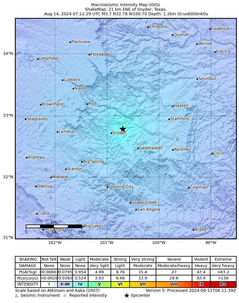 USGS ShakeMap: estimated shaking intensity around the epicenter