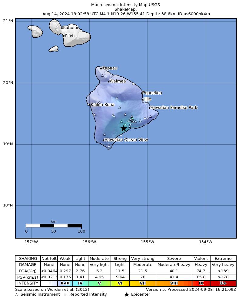 USGS ShakeMap intensity contours for the M3.7 earthquake near 10 km ENE of Pāhala, Hawaii