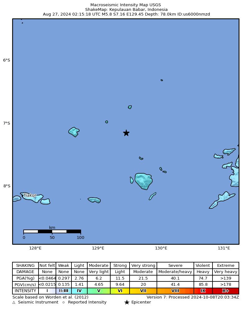 USGS ShakeMap intensity contours for the M5.8 earthquake near Kepulauan Babar, Indonesia