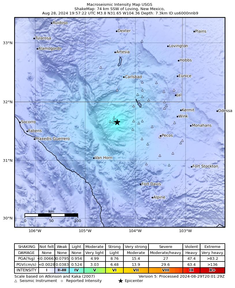 USGS ShakeMap intensity contours for the M3.9 earthquake near 56 km S of Whites City, New Mexico