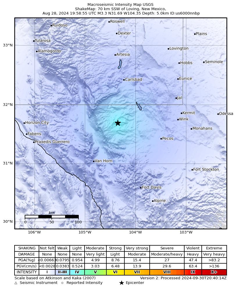 USGS ShakeMap intensity contours for the M3.3 earthquake near 55 km S of Whites City, New Mexico
