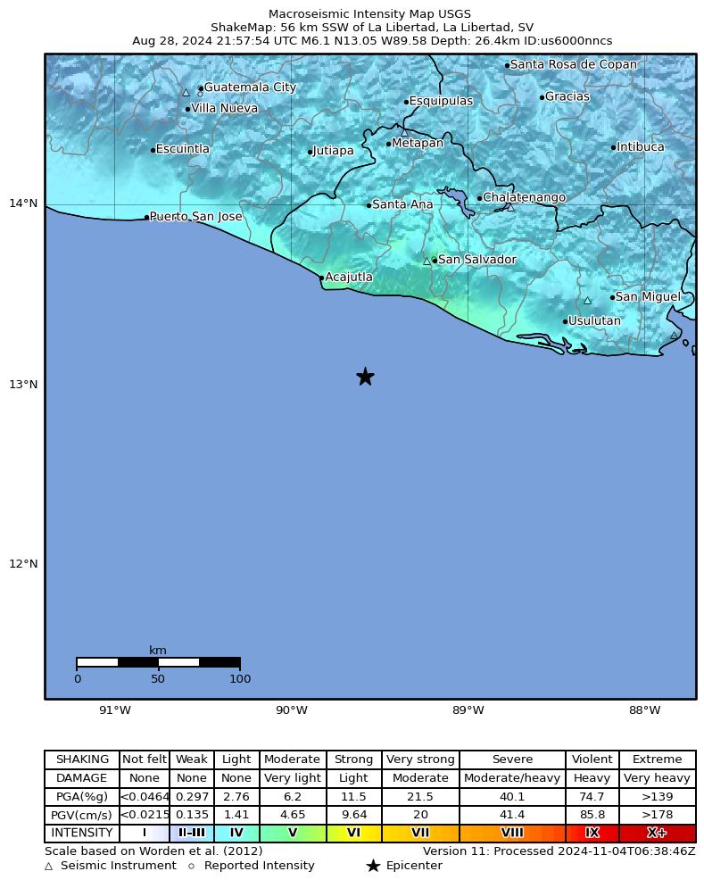USGS ShakeMap intensity contours for the M6.1 earthquake near 56 km SSW of La Libertad, El Salvador