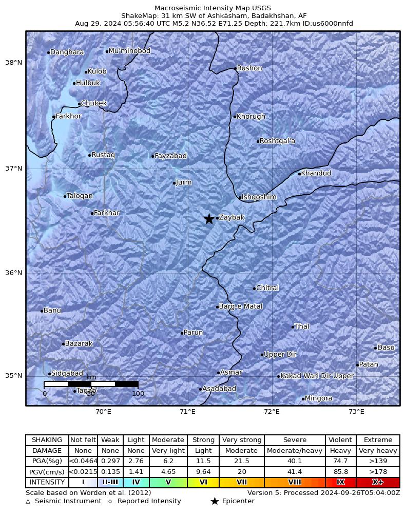USGS ShakeMap intensity contours for the M5.2 earthquake near 31 km SW of Ashkāsham, Afghanistan