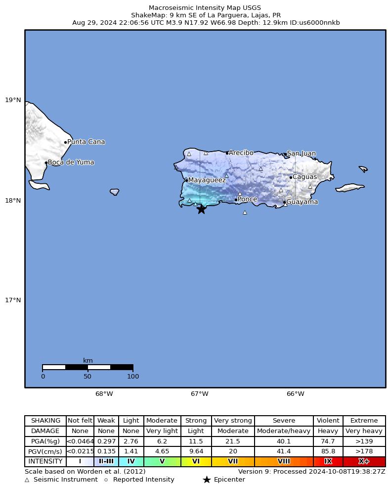 USGS ShakeMap intensity contours for the M3.5 earthquake near 4 km ESE of La Parguera, Puerto Rico