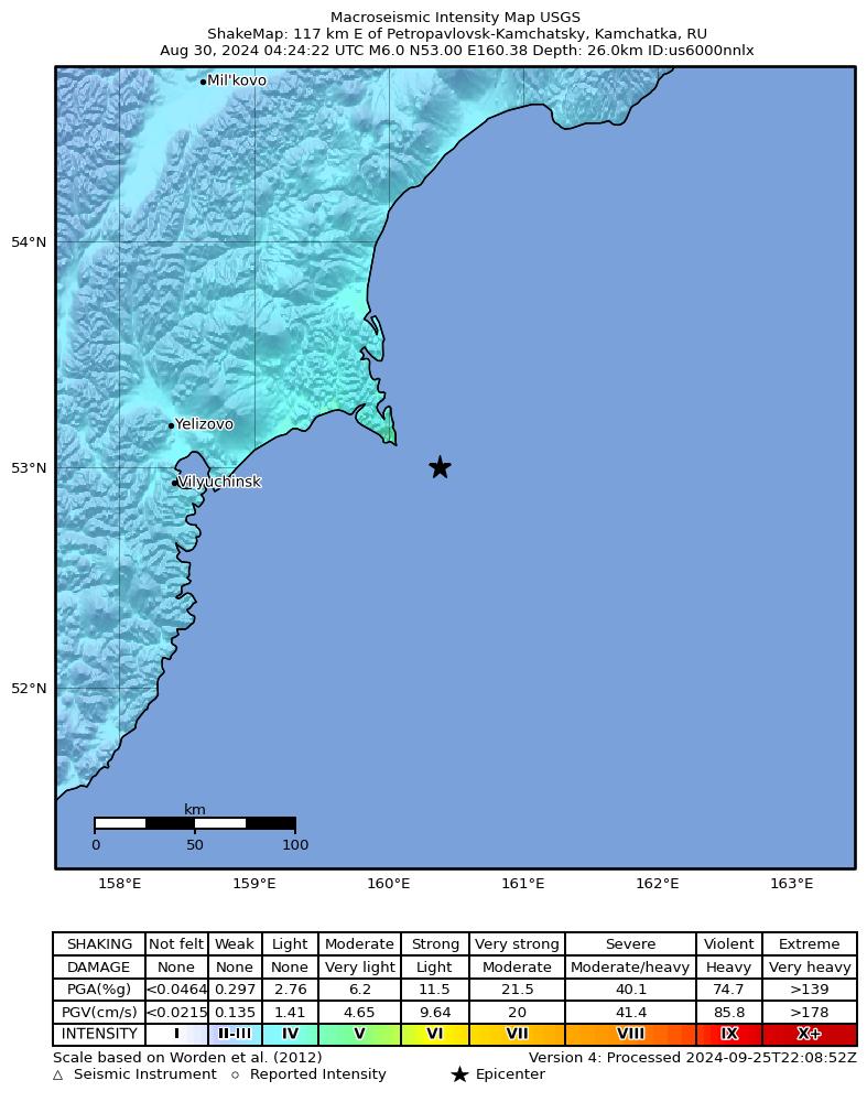 USGS ShakeMap intensity contours for the M6.0 earthquake near 117 km E of Petropavlovsk-Kamchatsky, Russia