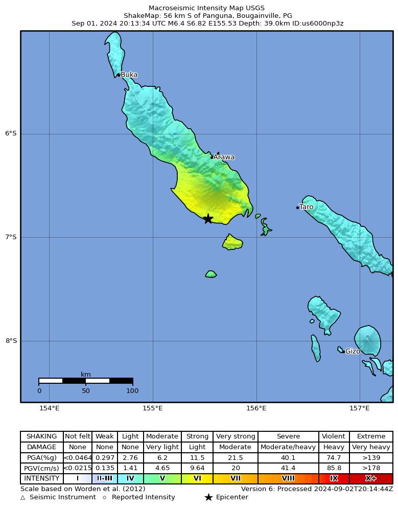 USGS ShakeMap intensity contours for the M6.4 earthquake near 56 km S of Panguna, Papua New Guinea