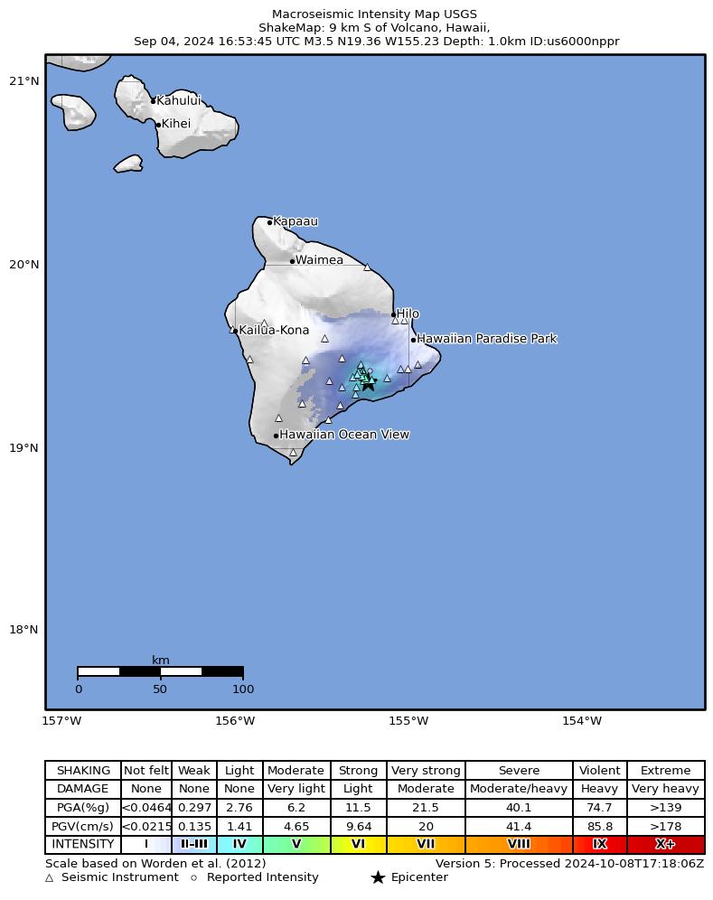 USGS ShakeMap intensity contours for the M3.5 earthquake near 6 km S of Volcano, Hawaii