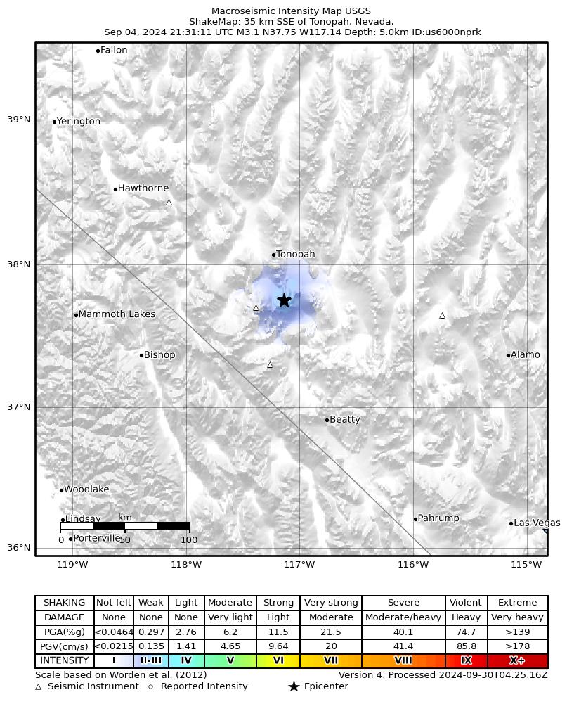 USGS ShakeMap intensity contours for the M3.1 earthquake near 8 km ENE of Goldfield, Nevada