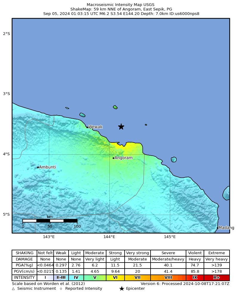 USGS ShakeMap intensity contours for the M6.2 earthquake near 59 km NNE of Angoram, Papua New Guinea