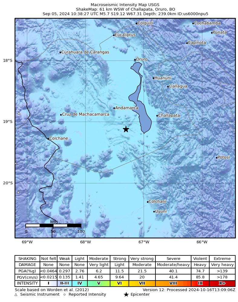 USGS ShakeMap intensity contours for the M5.7 earthquake near 61 km WSW of Challapata, Bolivia