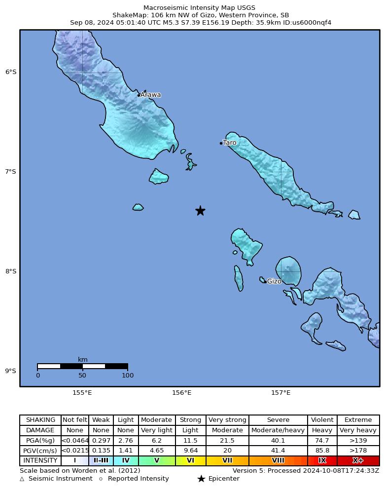 USGS ShakeMap intensity contours for the M5.3 earthquake near 106 km NW of Gizo, Solomon Islands