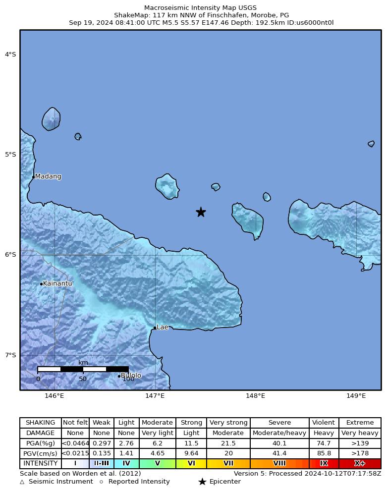USGS ShakeMap intensity contours for the M5.5 earthquake near 117 km NNW of Finschhafen, Papua New Guinea