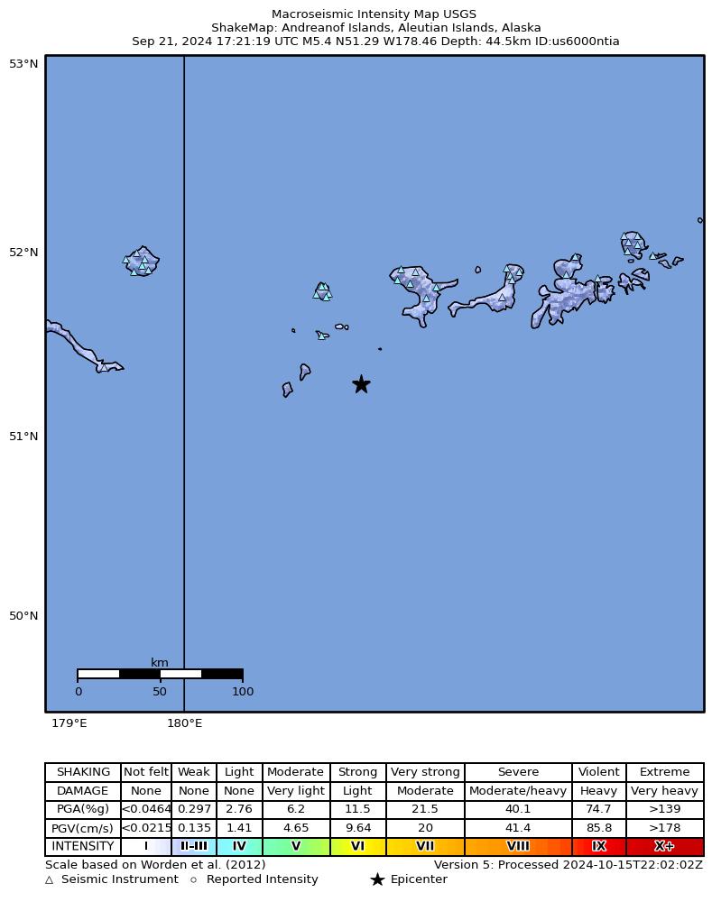 USGS ShakeMap intensity contours for the M5.4 earthquake near 142 km WSW of Adak, Alaska