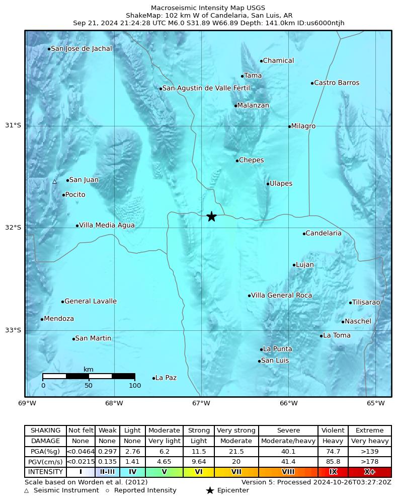 USGS ShakeMap intensity contours for the M6.0 earthquake near 95 km NNW of Villa General Roca, Argentina